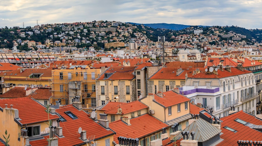 Aerial view of the bourgeois buildings and terracotta rooftops of the Carre d'Or Golden Square chic seafront district in Nice, South of France