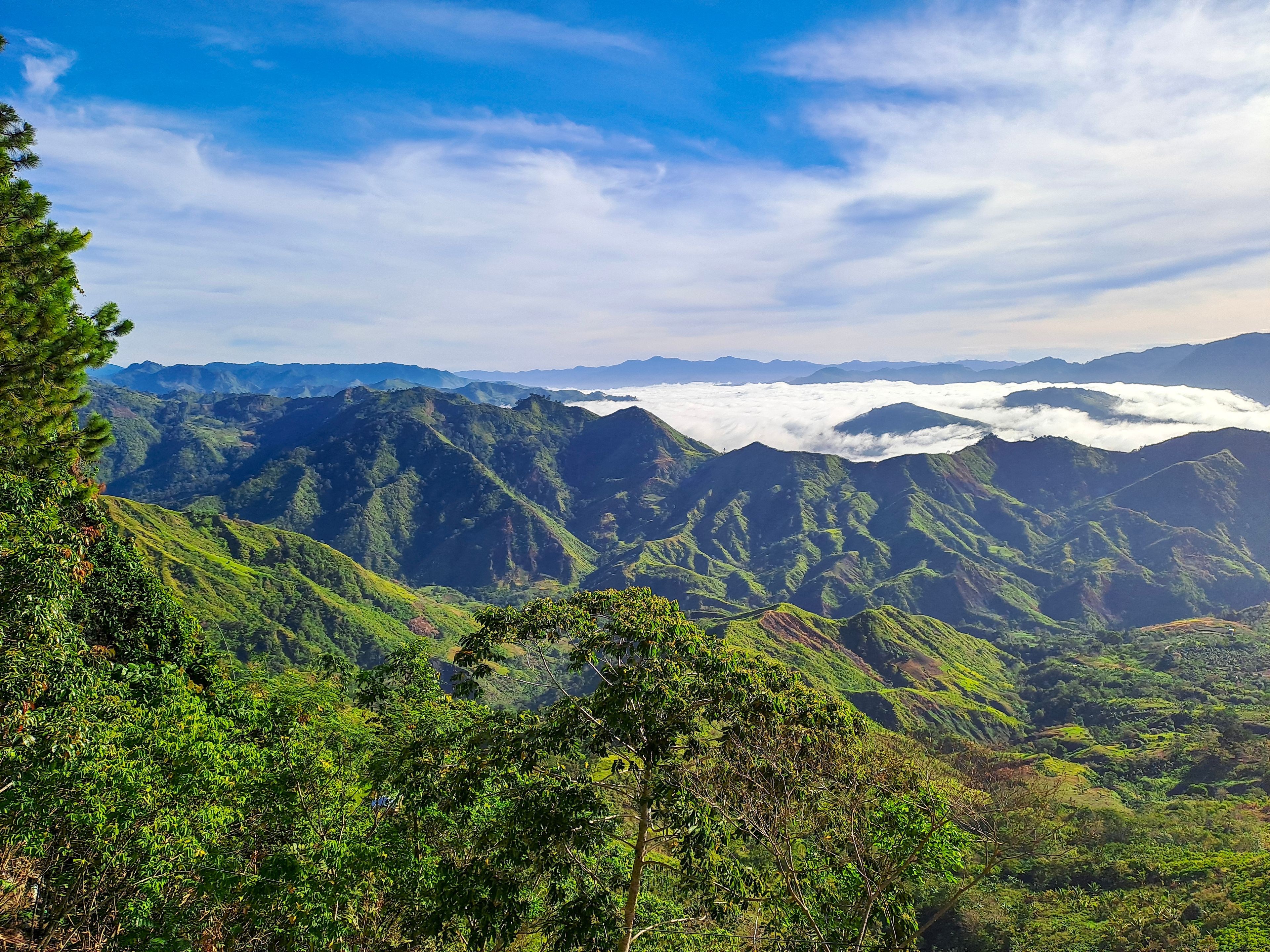 Un paysage montagneux, caractérisé par une végétation luxuriante et une couche de nuages au pied des montagnes.