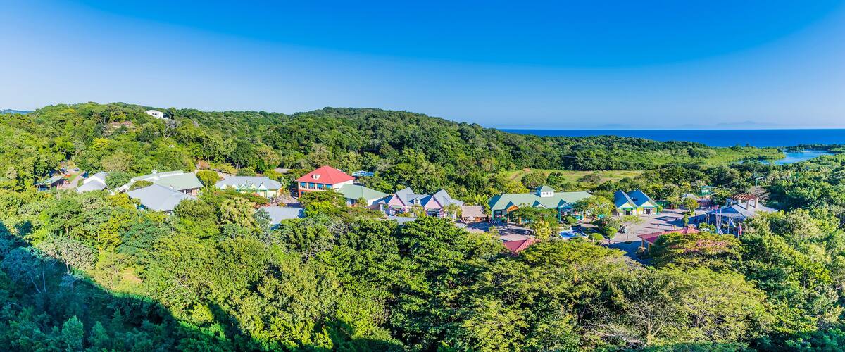 A view across the cruise terminal on Roatan Island on a sunny day