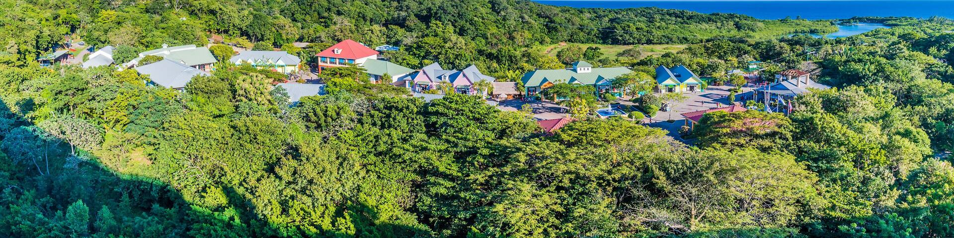 A view across the cruise terminal on Roatan Island on a sunny day