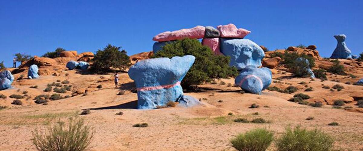 4 km outside of Tafraoute, the Belgian painter Jean Veran have made his stunning art project. The painted stone formations come as a surprise to you and are a contrast to the landscapes own golden red colors. Jean Veran helps you to experience the beauty of the landscape in a new, and for my part, stronger way. Some places the whole mountain is painted in blue. My personal opinion is that his artistic expression is strongest when he is limited to only paint single stones and restricted areas. Restricting himself makes the art more obviously and the contrast to nature is more exciting. Read more at: http://www.travelwithallsenses.com/land-art-tafraoute-morocco/
