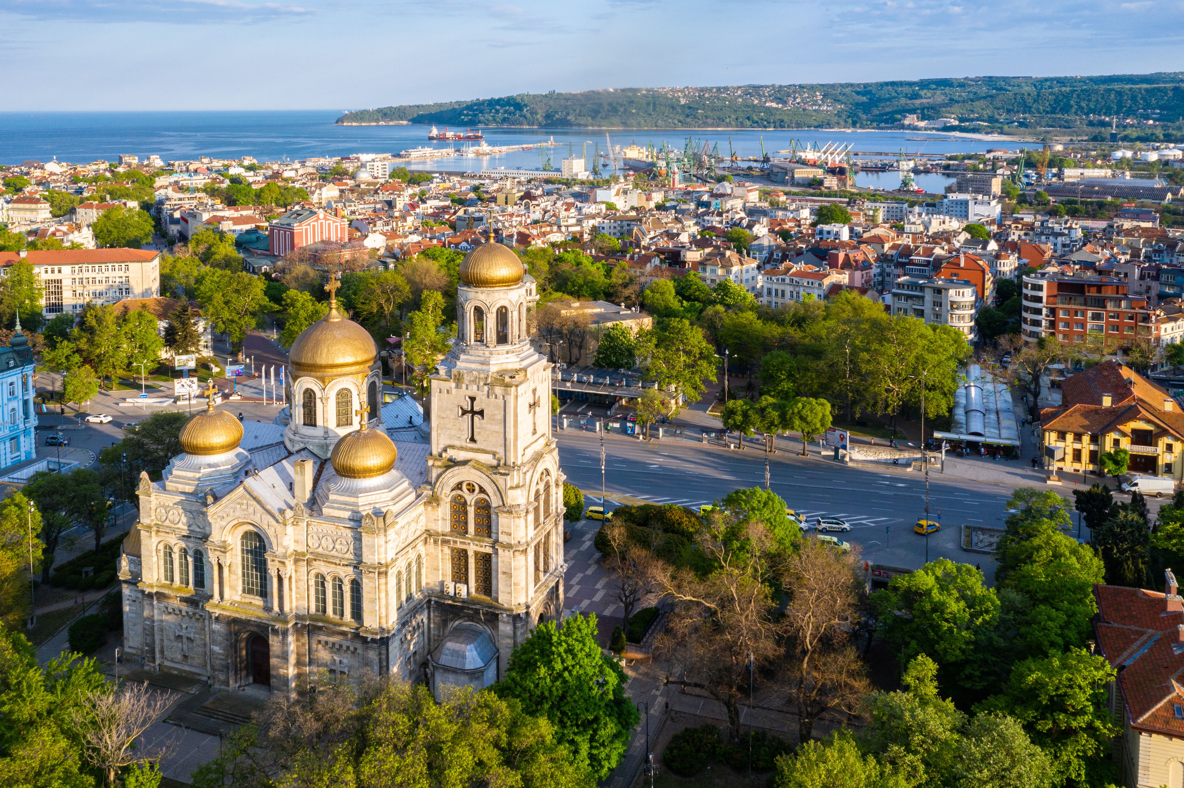 Aerial view of the Dormition of the Theotokos Cathedral in Varna, Bulgaria