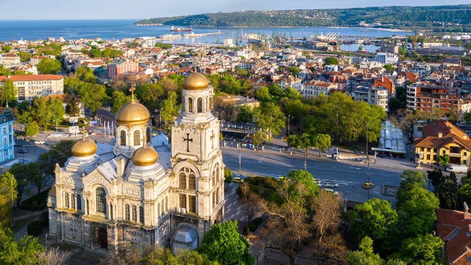 Aerial view of the Dormition of the Theotokos Cathedral in Varna, Bulgaria