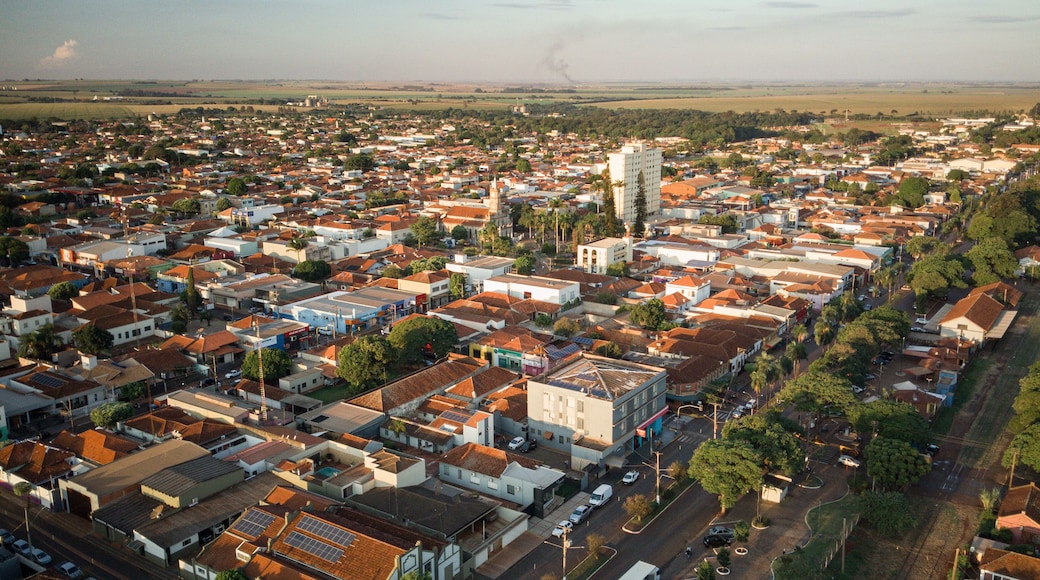 Vista aérea de drone do panorama urbano de Palmital, SP com o centro da cidade em destaque