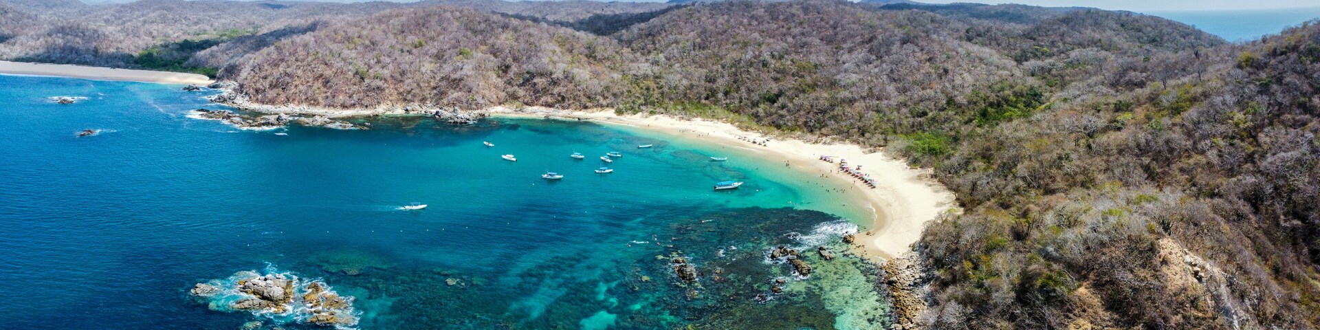4k aerial panoramic view of huatulco oaxaca mexico beach summer spring national park sea landscape la india beach