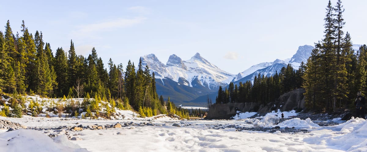 Canada scenic Landscape view with The Three Sisters Peaks, landmark in Canmore, Alberta