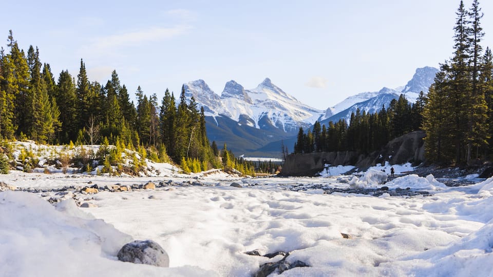 Canada scenic Landscape view with The Three Sisters Peaks, landmark in Canmore, Alberta