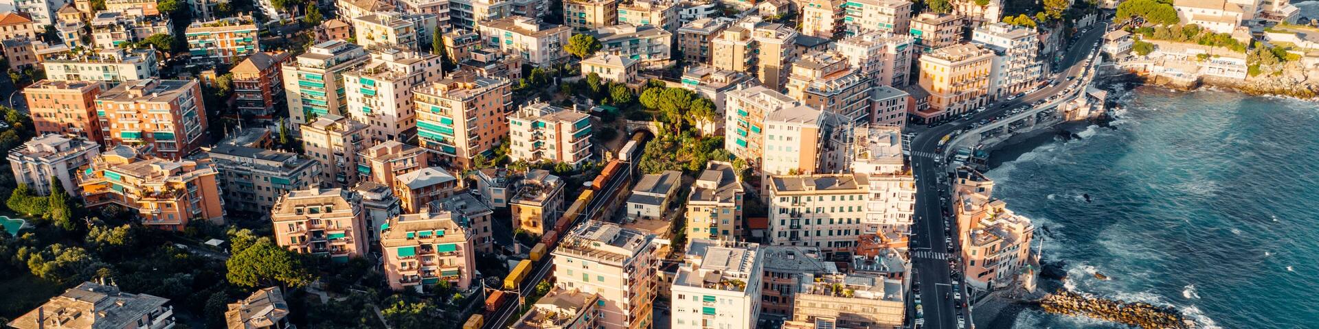Aerial view over coast of Liguria, beach in Quarto dei Mille in Genova, Italy