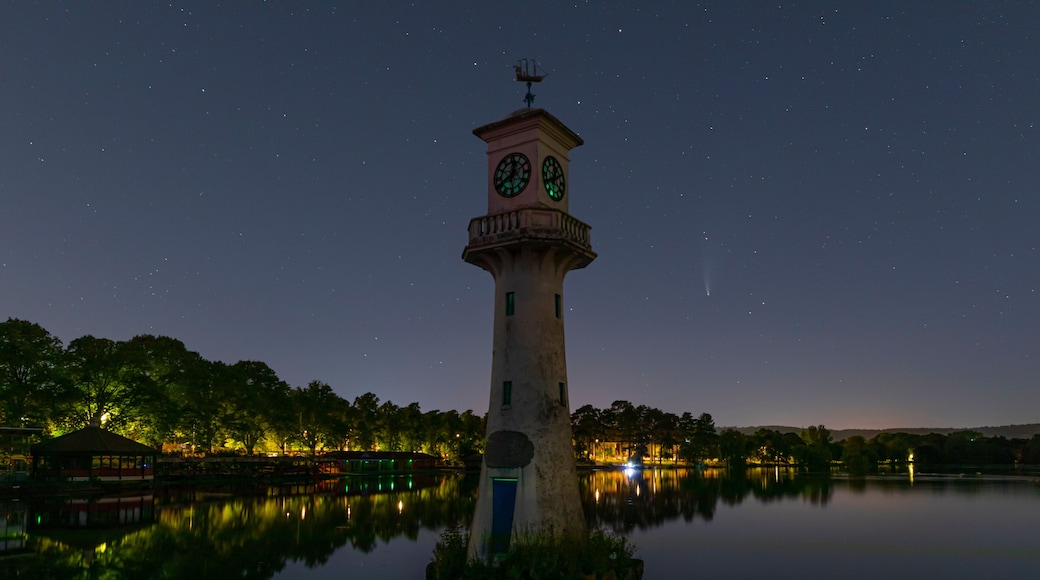 The Scott Memorial at night with comet Neowise showing to the right. Roath Park Lake, Cardiff, Wales, UK