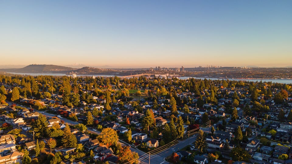 Aerial view of Central Lonsdale and Grand Boulevard with Mt. Baker in the distance, North Vancouver, BC Canada