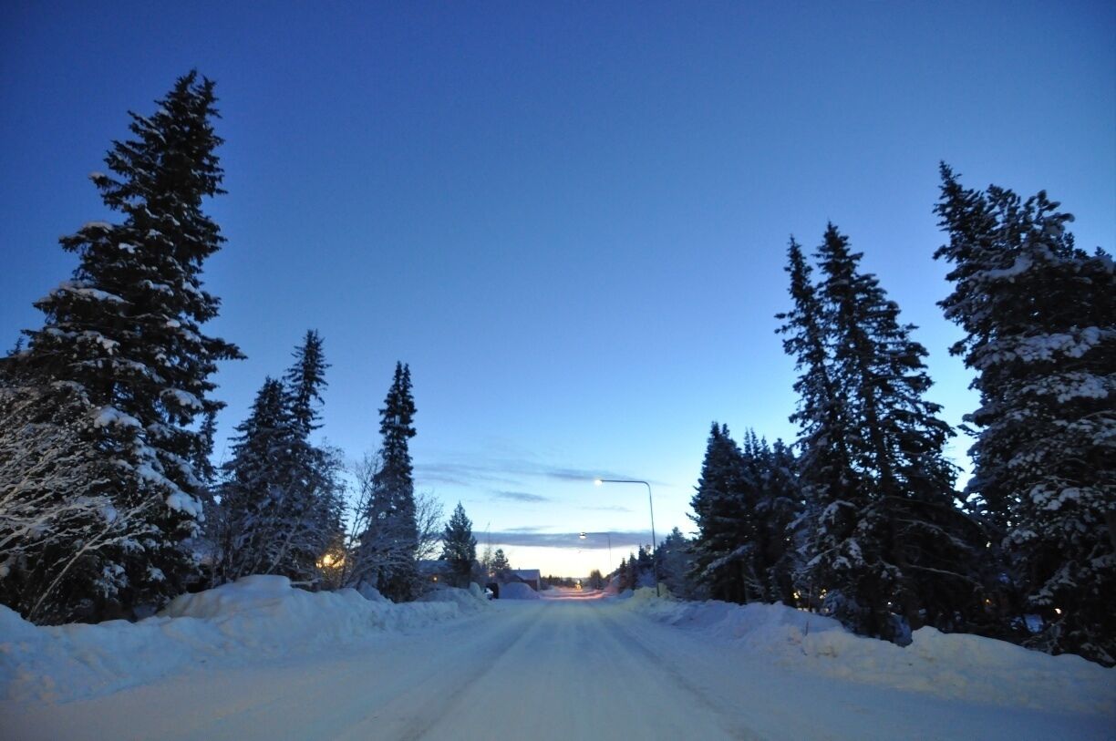 A snow filled road beside the Ice hotel in Jukkasjarvi, Northern Sweden, in the Arctic circle. Temperature was a warm (for Sweden standards) -25 degrees C.