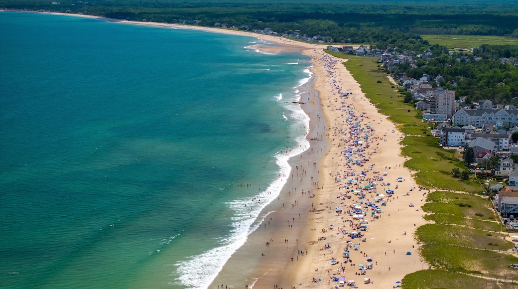 Eine KĂŒstenstadt mit einem langen Sandstrand, blauem Meer und einem dichten Wald im Hintergrund.