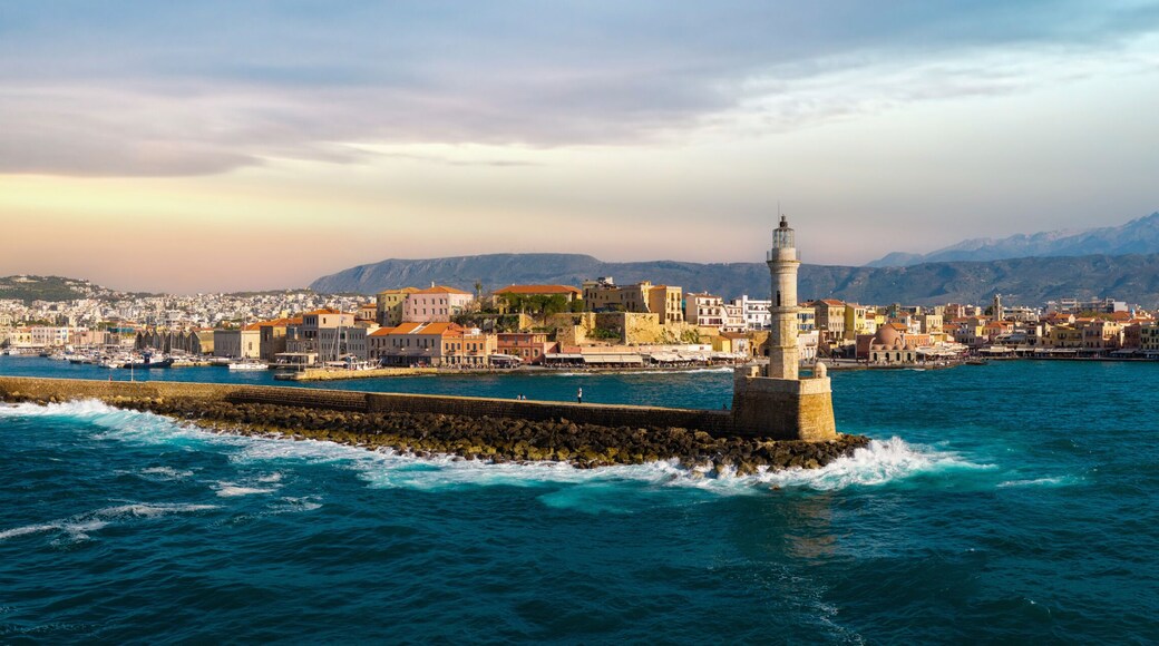 Greece Crete Chania old venetian port panorama 17K lighthouse golden hour waves crashing pastel houses high resolution World Print fine art coastal landscape harbor, iconic greek landmarks