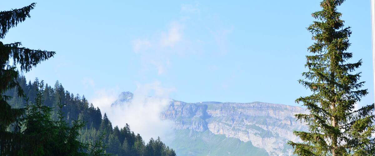 Panoramic view of rock wall at horizon in Swiss Alps