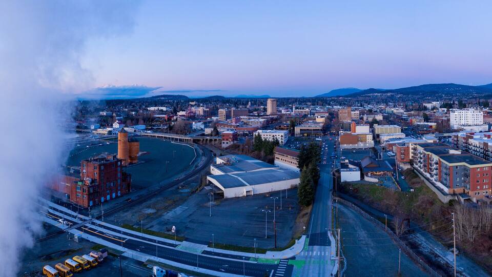 Bellingham Washington Downtown Aerial Panorama Purple Lighting Sunset Mt Baker