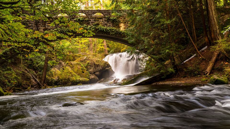 A waterfall under a stone bridge in a forested area.