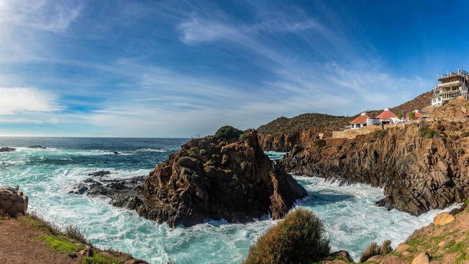 Panoramic of the cliff where the bufadora is, which is a geyser that is the show and public spectacle of the Mexican town of Ensenada, in Baja California, Mexico.