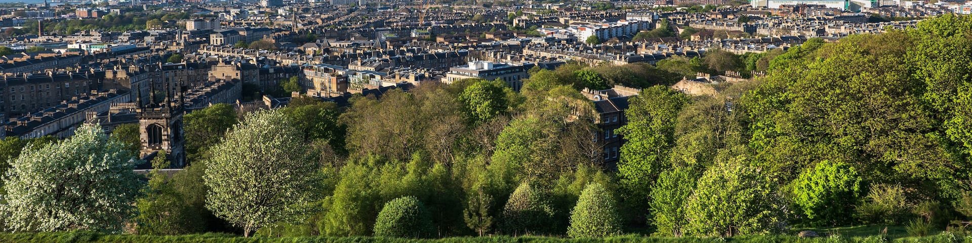 A cityscape with a prominent hill, dense urban area, and a body of water in the distance.