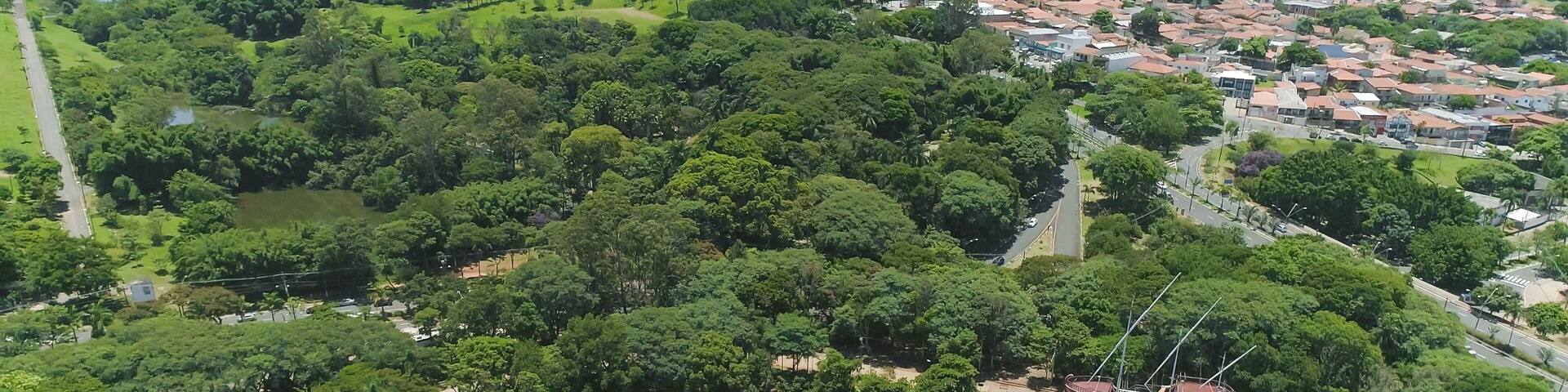 Drone image of the Portugal Park of Campinas SP Brazil, Sailboat and fountain on the lake