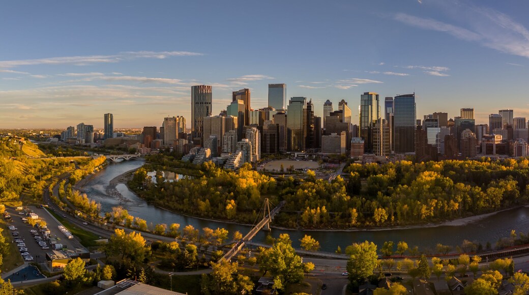 Aerial photograph of Calgary's downtown along the Bow River on a beautiful autumn evening.