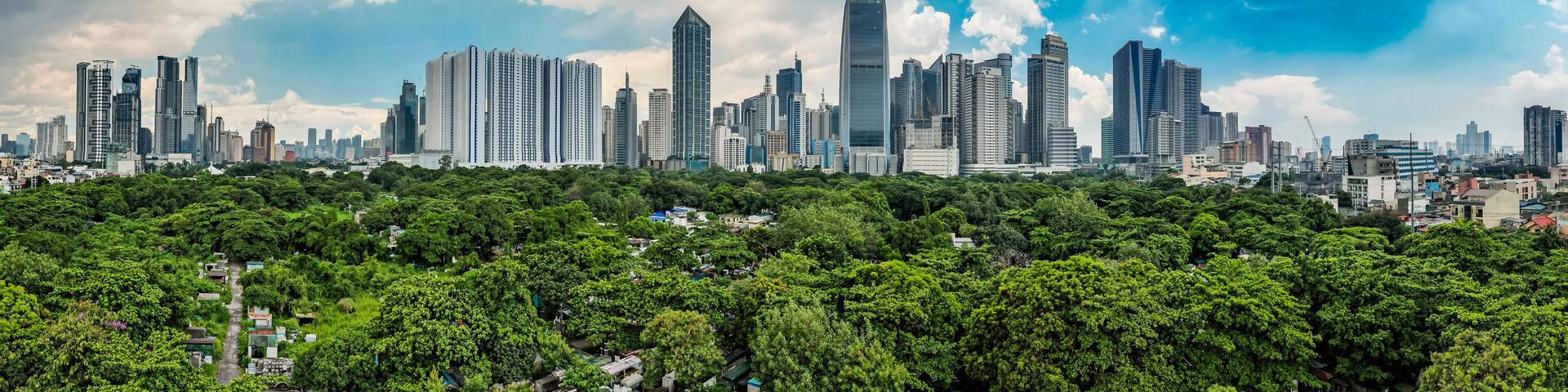 A city skyline with modern skyscrapers and a dense green park in the foreground.