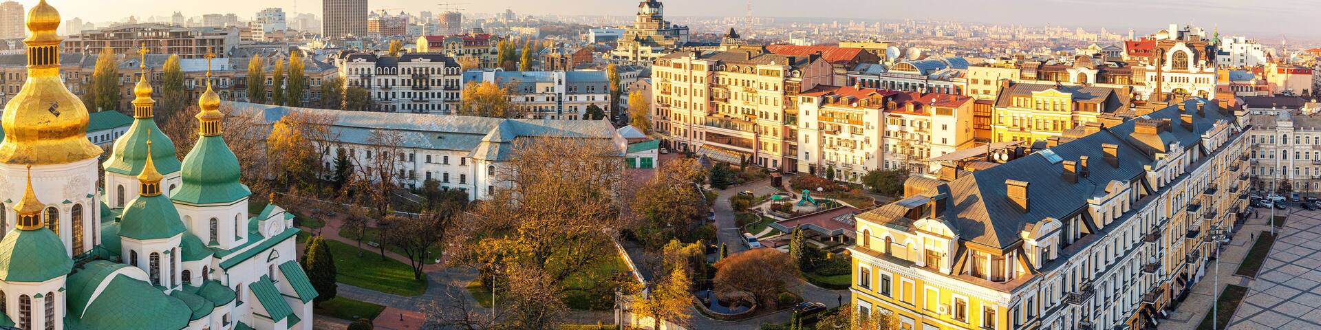 Aerial view of Kyiv city, center district, Ukraine. Panoramic cityscape