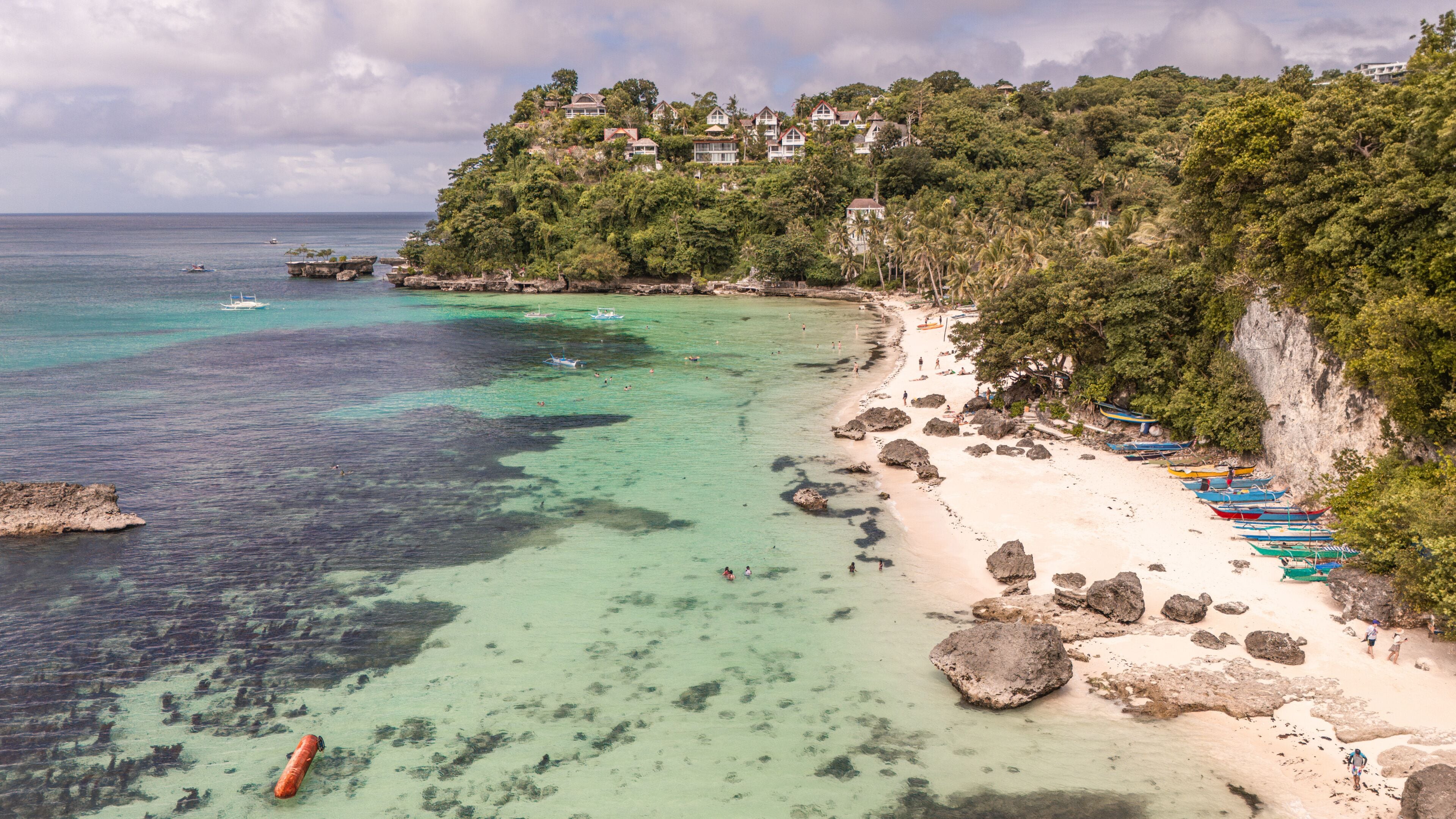 Aerial view of Boracay Island, White Beach, Western Visayas, Philippines.