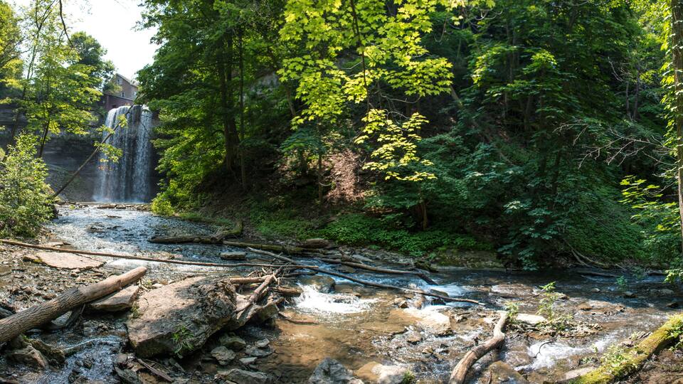 Decew Falls from the gorge below Morningstar Mill turbine shed St Catharines Niagara Region