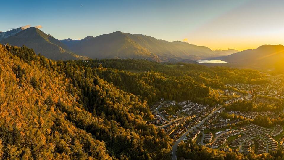 Ultra wide angle aerial panorama photo of the Chilliwack city that seats in the Fraser Valley in British Columbia, Canada
