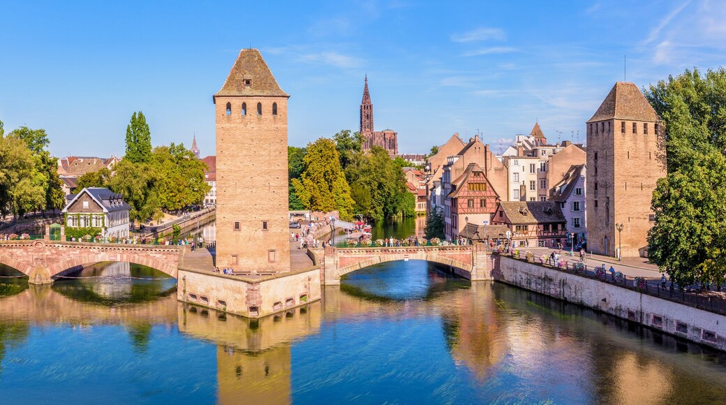 Panoramic view of the Ponts Couverts (covered bridges), a medieval set of bridges and defensive towers on the river Ill at the entrance of the Petite France historic quarter in Strasbourg, France.