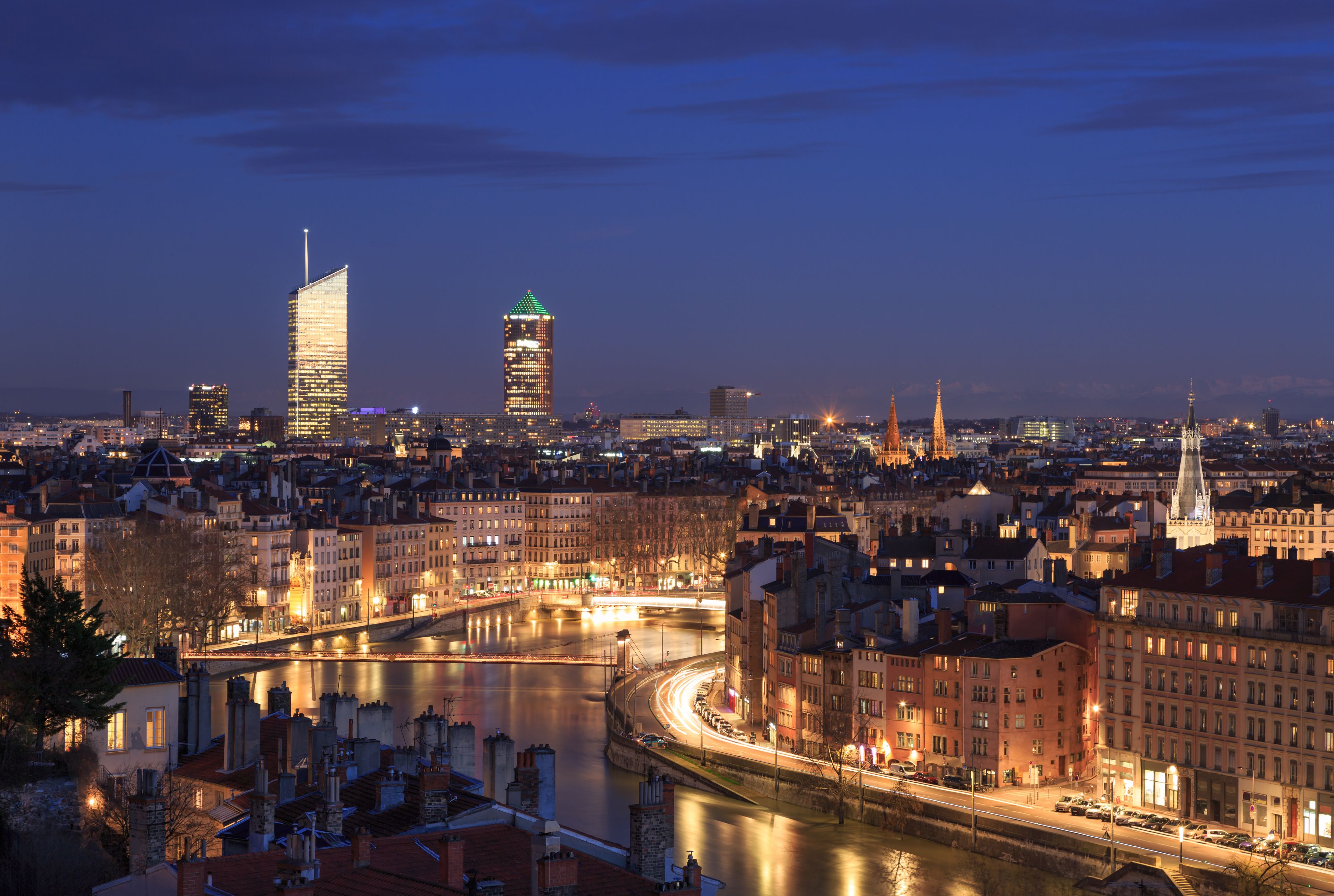 Evening view over the Saone river in the city of Lyon, France.