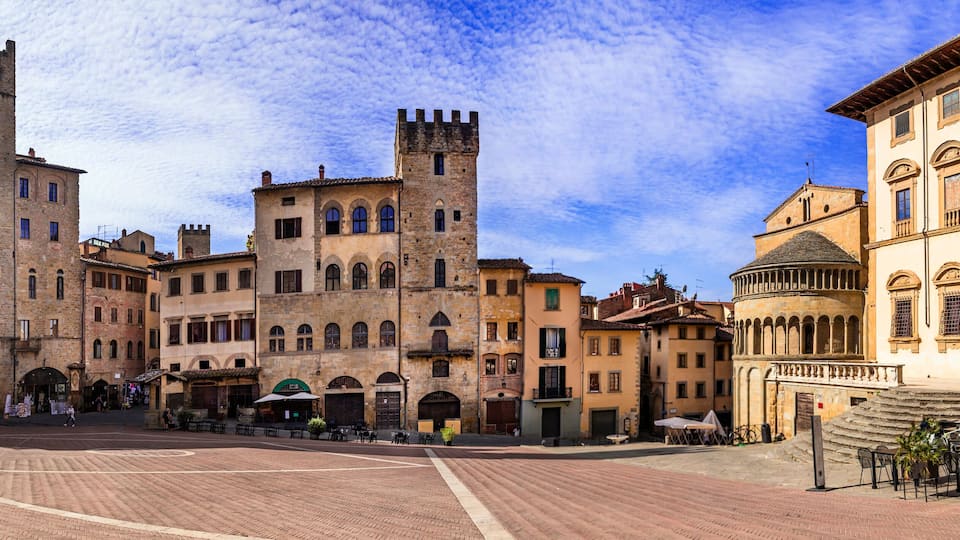 Italy travel and scenic places. Arezzo - beautiful medieval town in Tuscany . Panoramic view of main city scquare - Piazza grande