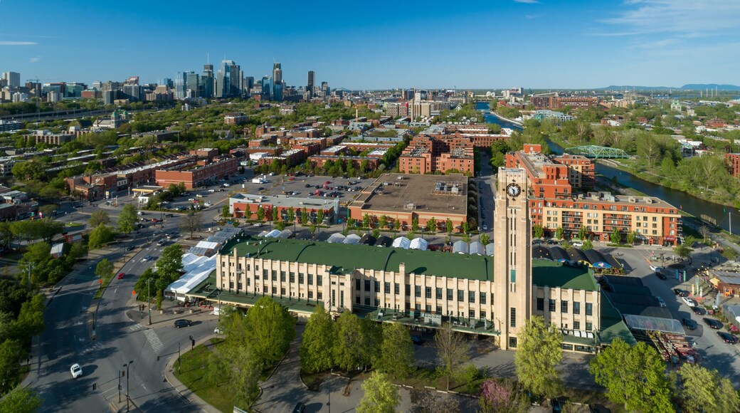 Aerial view of Atwater Market, a public market in Montreal, Canada, with vendors selling local produce and goods to the community and tourists.