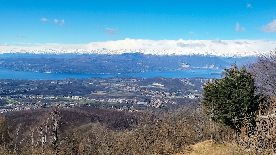 wide angle view of the Lake Maggiore and the Alps from Mount Campo dei Fiori