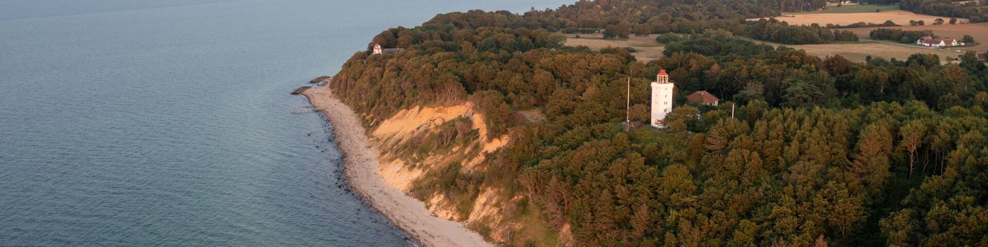 A coastal landscape with a lighthouse, dense forest, and a sandy beach.