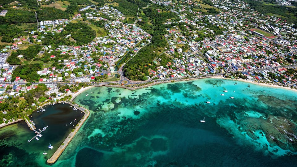 Aerial view of the south coast near Sainte-Anne, Grande-Terre, Guadeloupe, Lesser Antilles, Caribbean.