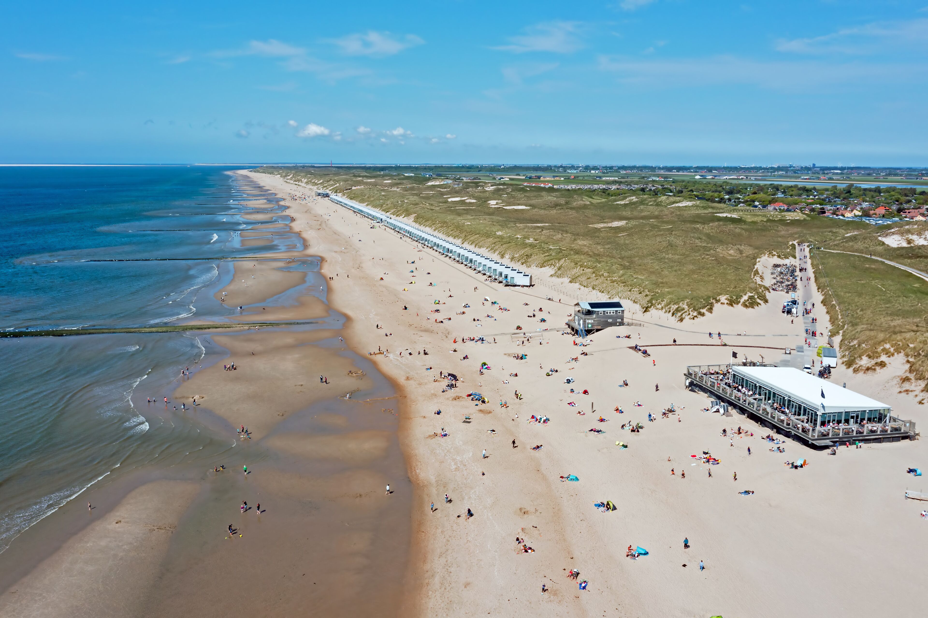 Aerial from the beach at Bloemendaal aan Zee in the Netherlands at sunset