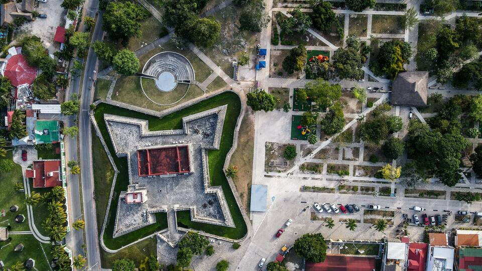 Bacalar San Felipe fort Quintana Roo Mexico, vista desde dron