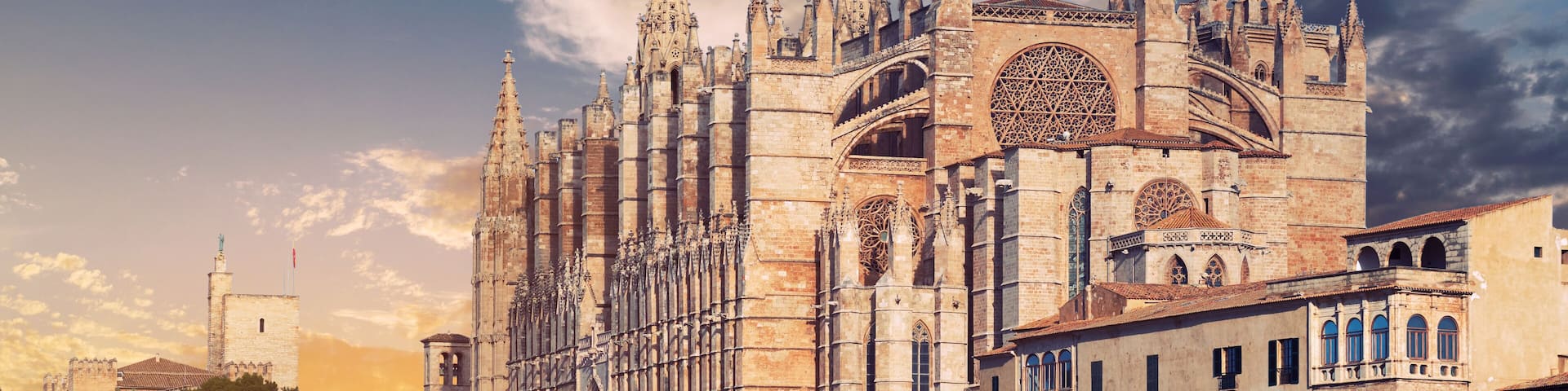 Panoramic view exterior of Cathedral of Palma de Mallorca or La Seu. Spain