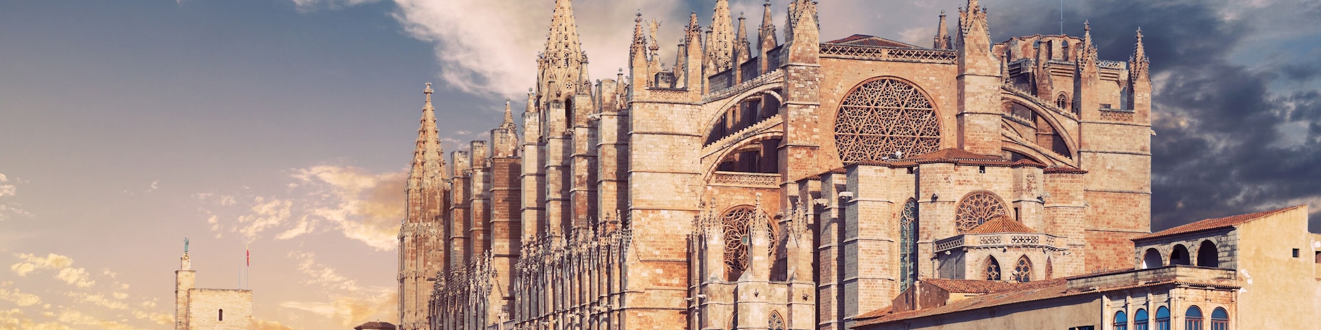 Panoramic view exterior of Cathedral of Palma de Mallorca or La Seu. Spain