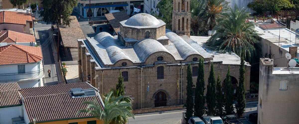 Aerial view of the Church of Archangel Michael of Trypiotis in Nicosia