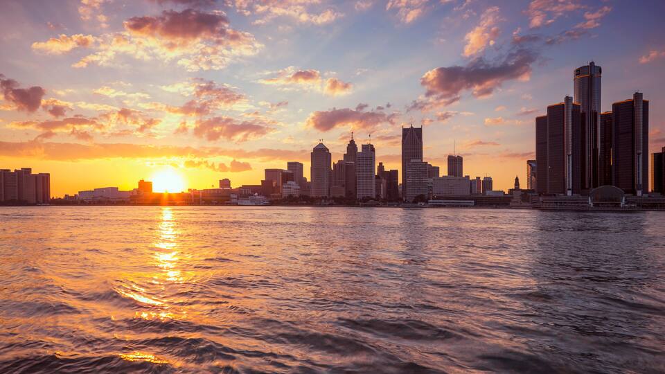 Beautiful skyline of Detroit City, the view from Windsor, Ontario, Canada.