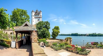 A castle with a tower overlooking a lake, surrounded by lush greenery and a well-maintained garden.