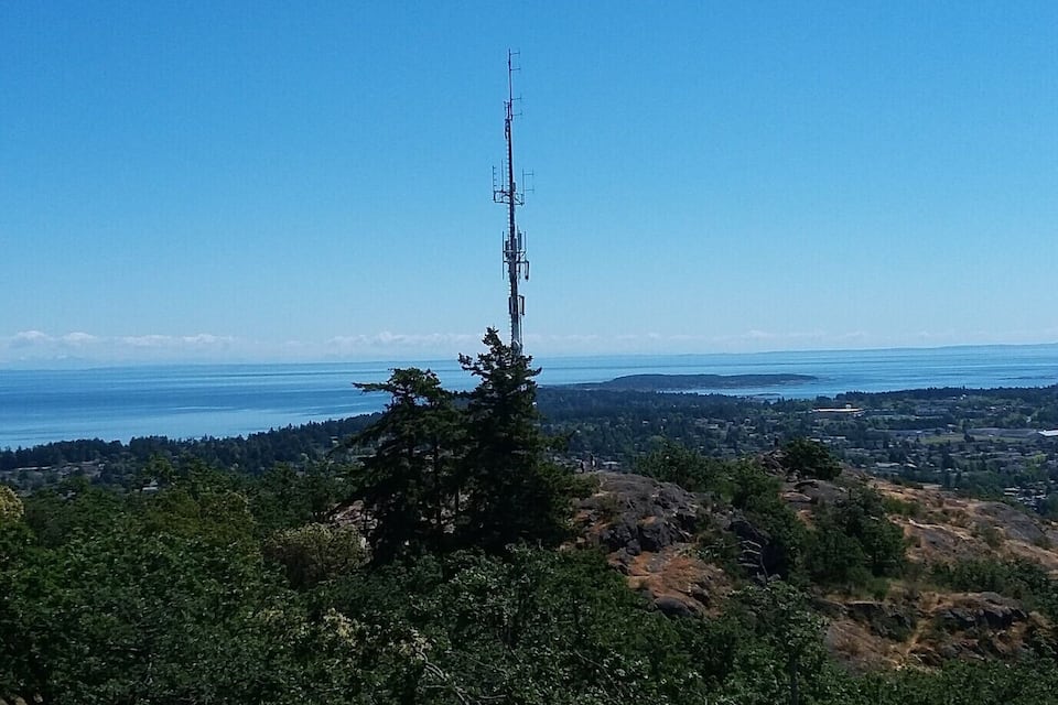 Un ciel d’un bleu limpide, une haute tour de communication, une forêt verdoyante et dense, un terrain rocheux et une vue lointaine sur la côte.