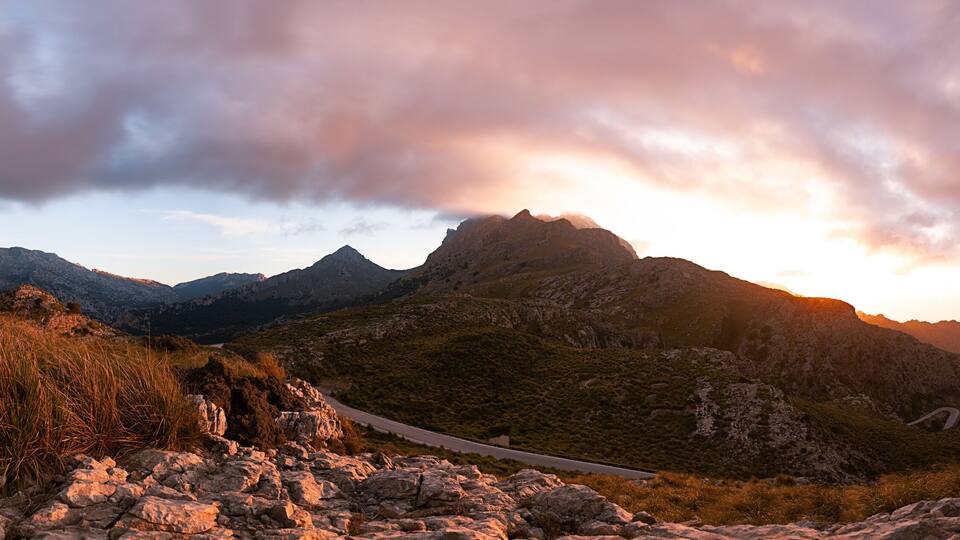 sunset in the mountains of mallorca island