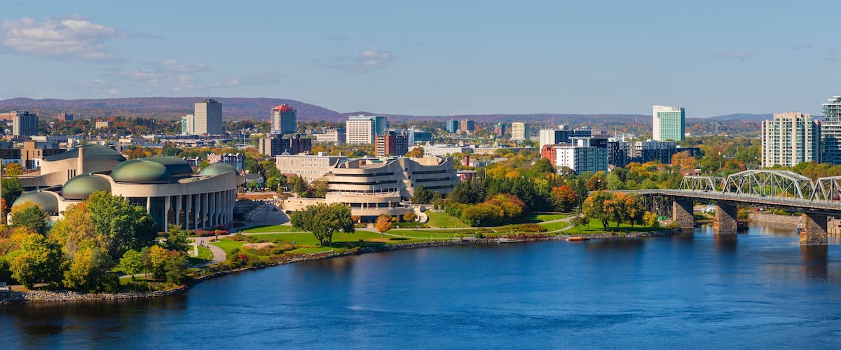 Alexandra Bridge, an interprovincial bridge across the Ottawa River between Ontario and Quebec, and the Canadian Museum of History; Gatineau, Quebec, Canada
