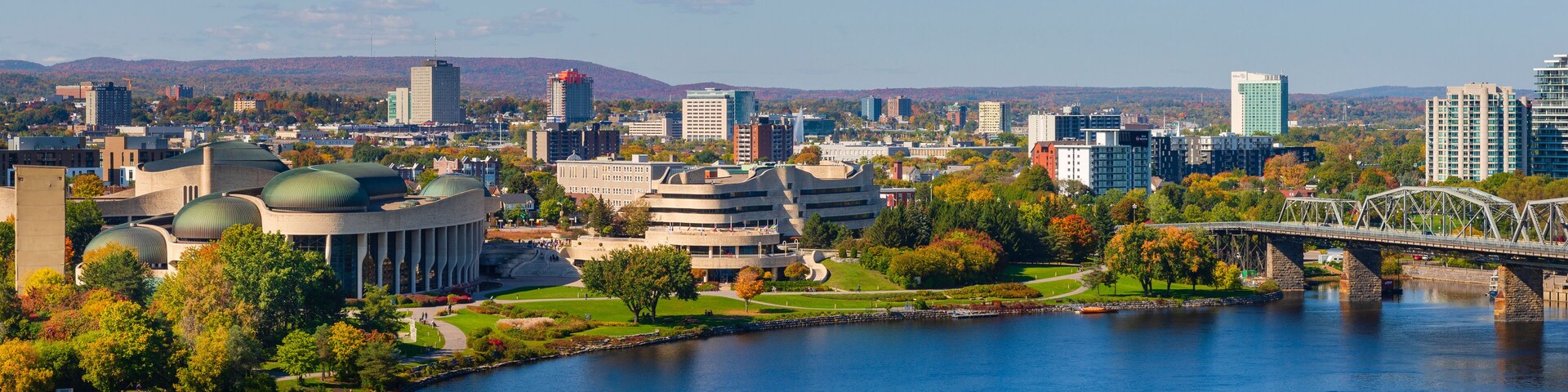 Alexandra Bridge, an interprovincial bridge across the Ottawa River between Ontario and Quebec, and the Canadian Museum of History; Gatineau, Quebec, Canada