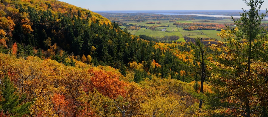 A forested hillside with autumn foliage, a distant lake, and a clear sky.