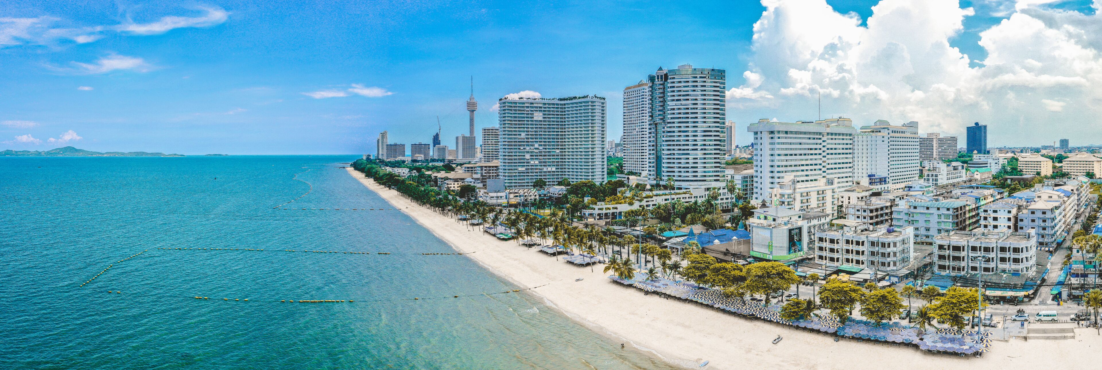 Aeria view of Jomtien beach during covid lockdown, Pattaya, Chonburi, Thailand
