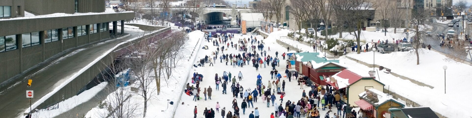 Skaters in ice of Rideau Canal, Ottawa.